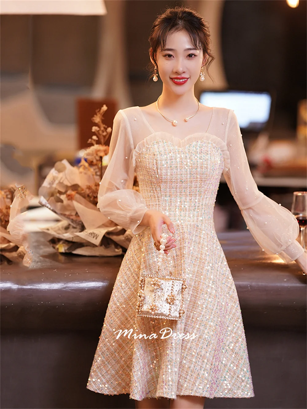 Mina Customized Champagne Evening Dress Engagement Long-sleeved Bridesmaid Suit Student Dance Host Dress Can Be Worn Small Dress