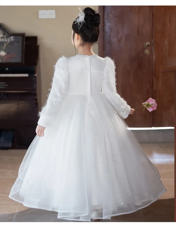 2026 vestido floral para meninas, mangas compridas, vestido de festa grosso para meninas, champanhe, vestido branco para meninas