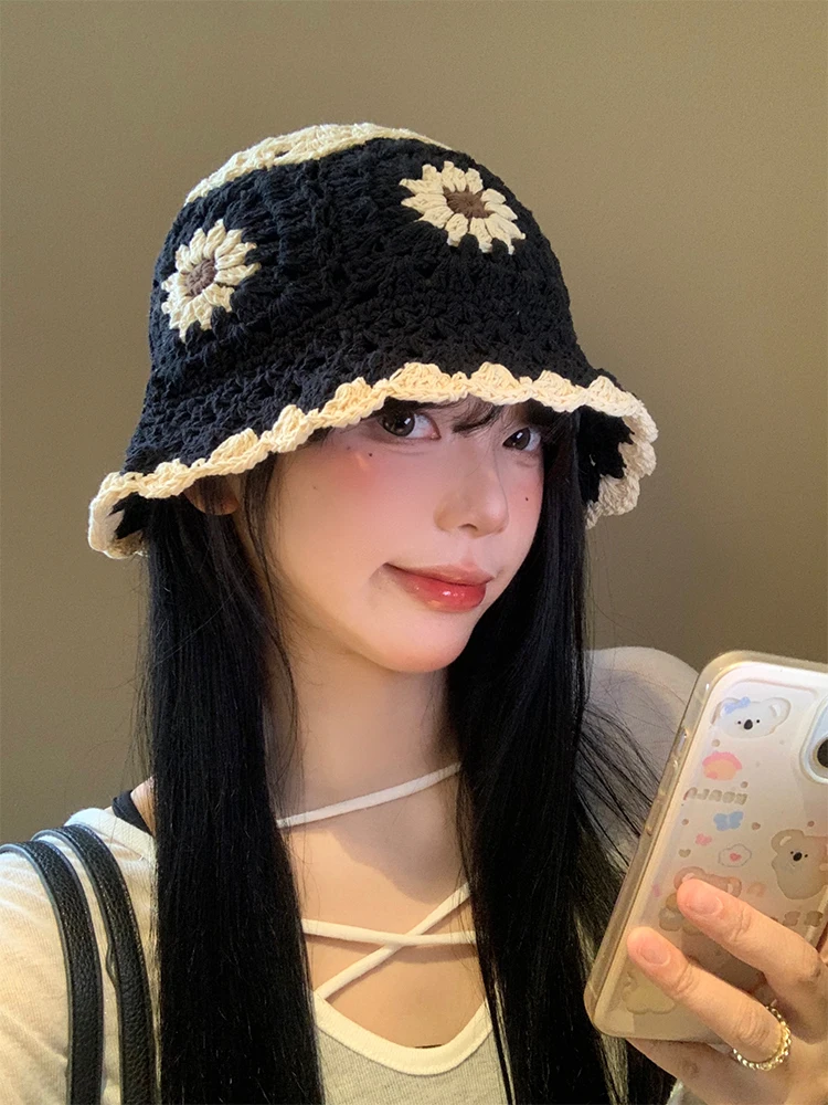 

Women's Hat Winter Warm Knit Bucket Hat Warm Fisherman Hats Female Fashion Korean Beanie Lady Retro Cap for Women Flower R53