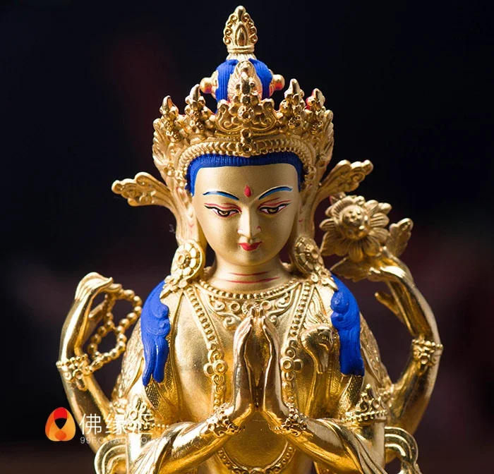 16CM - TOP -HOME  Talisman Buddhism India Nepal handmade Gilding Gold-plated Shadakshari Avalokitesvara Buddha