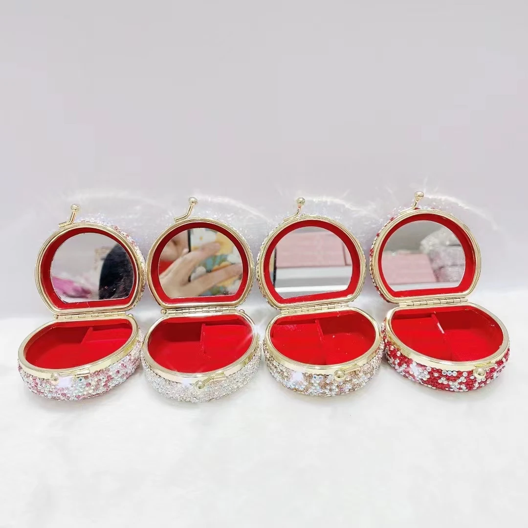 Luxury Mini Rhinestones Jewelry Box With Mirror Travel Portable Jewerly Earring Necklace Organizer Box Wedding Ring Case Gift