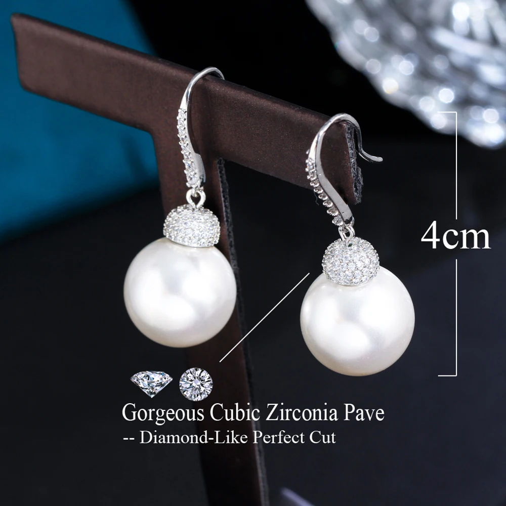 BeaQueen New Korean Style Shiny Cubic Zirconia Hook Dangle Pearl Earrings for Women Elegant Wedding Engagement Jewelry Gift E633