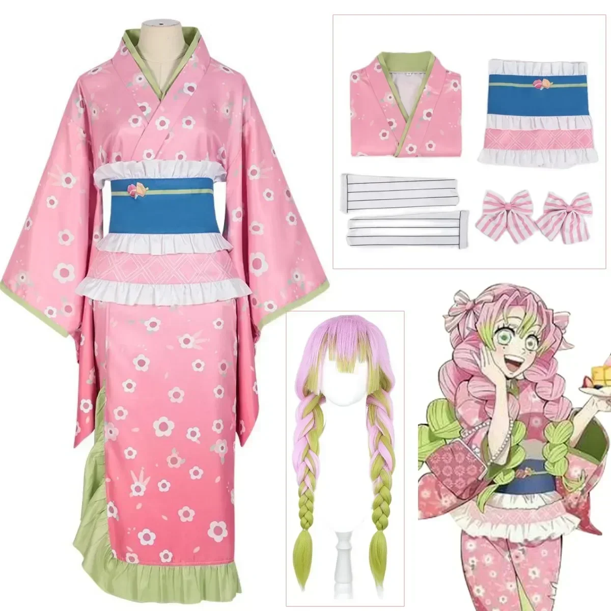 

CosplayNew Fashion Kanroji Mitsuri Cosplay Costume Pink Kimono Dress Outfits Halloween Carnival Party Disguise Women Suits