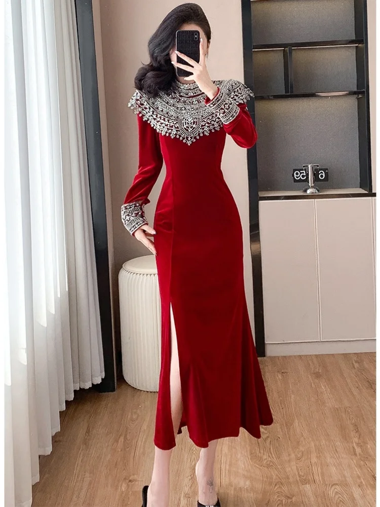 SMTHMA Elegant Diamonds Velvet Long Party Dress for Women Stand Collar Evening Gown Formal Black Red Slim Mermaid Dress Robe