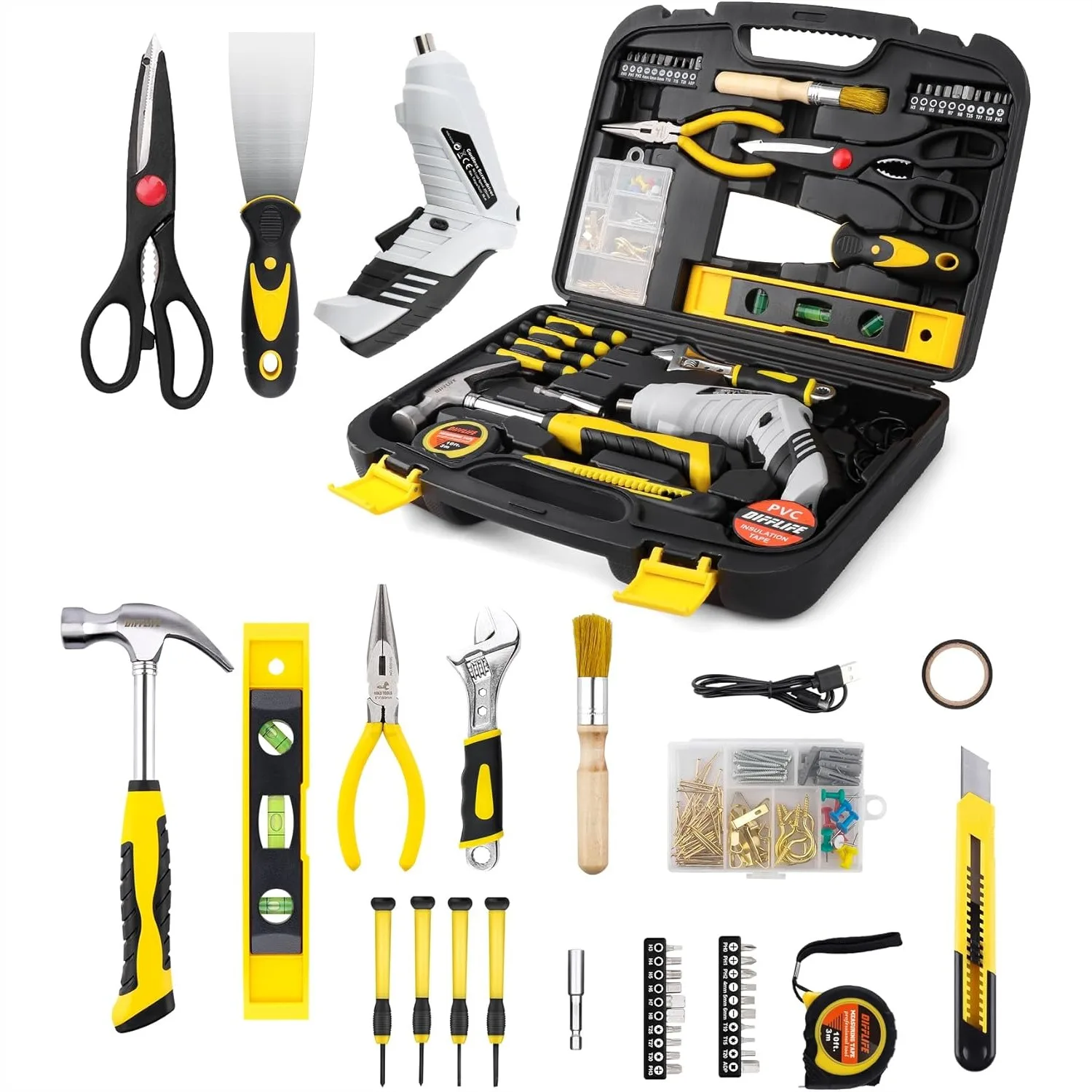 

136 Piece Tool Set, General Household Hand Tool Kit with Plastic Toolbox Storage Case, Rechargeable Screwdriver