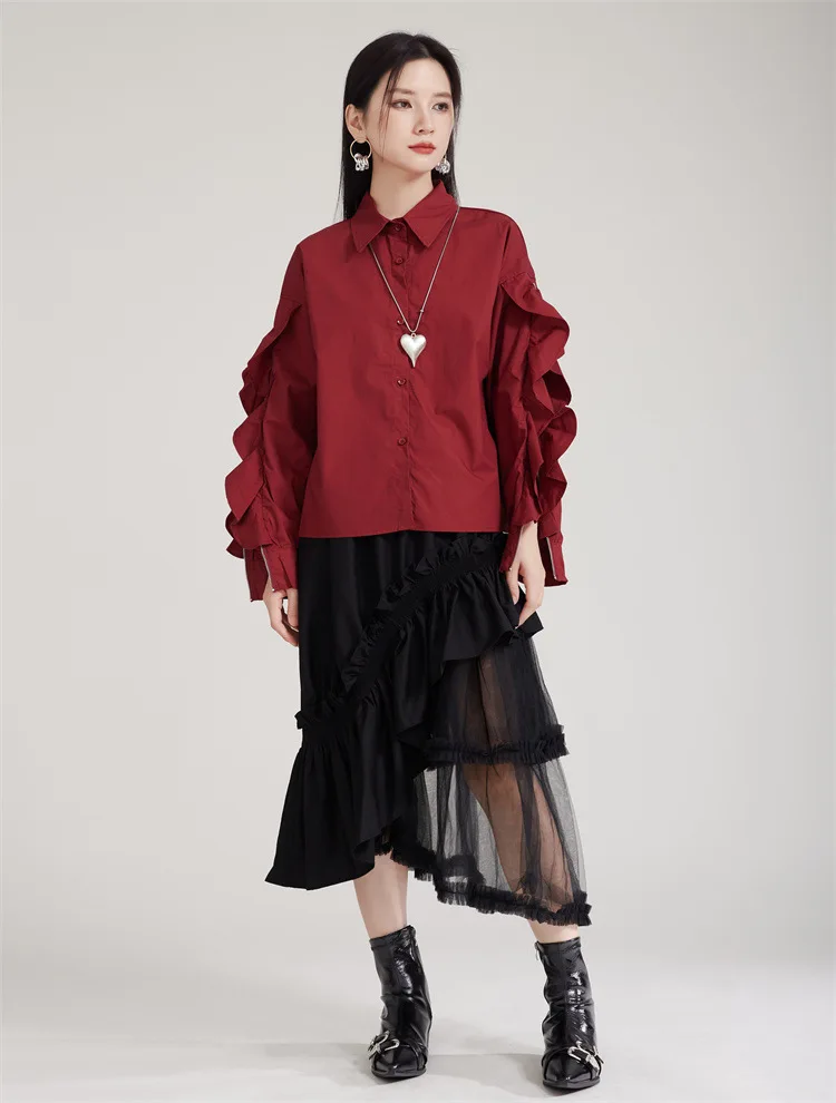 Chemise en coton rouge Angora, chemisiers à manches longues en feuille de Lotus de haute qualité pour femmes, chemise ample d'épissure de Niche pour femmes