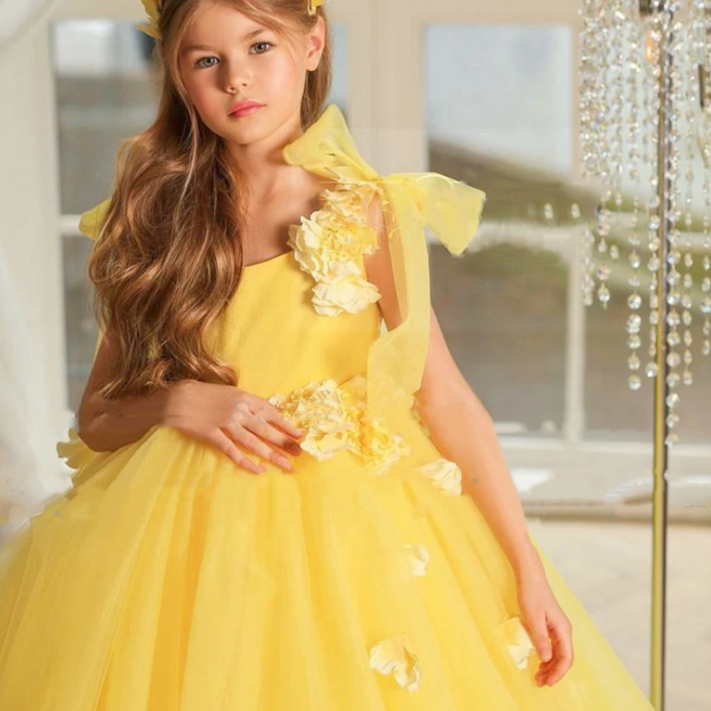 Customized Yellow Flower Girl Dress Soft Tulle Puffy Scoop Neck Sleeveless Bow Flowers For Wedding Party Long First Communion Go