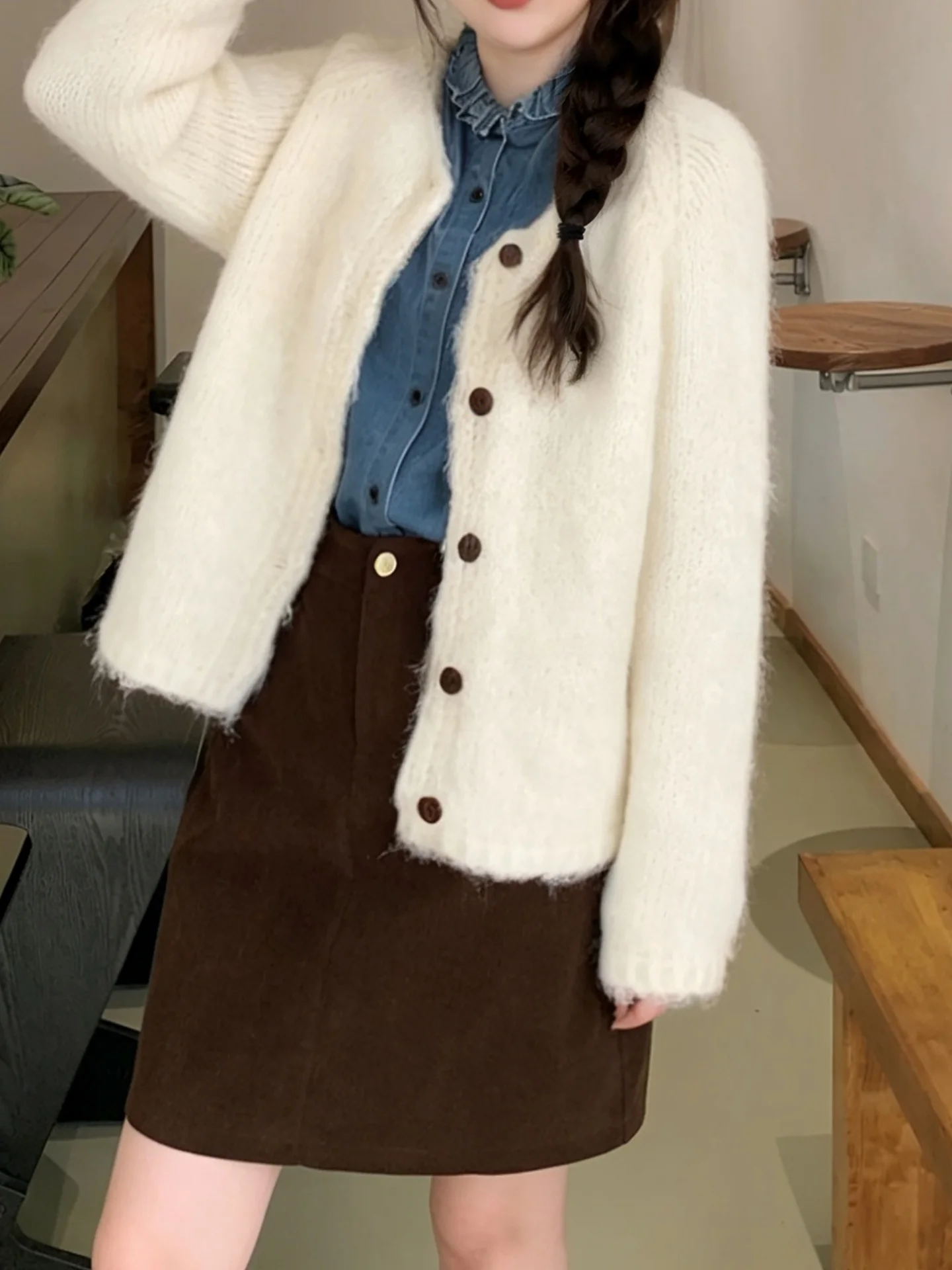 

Soft Cozy Knitted Open Cardigan Women's Loose Sle Warm Elastic Long Sve ort Length round Ne Single Button Closure Sw...