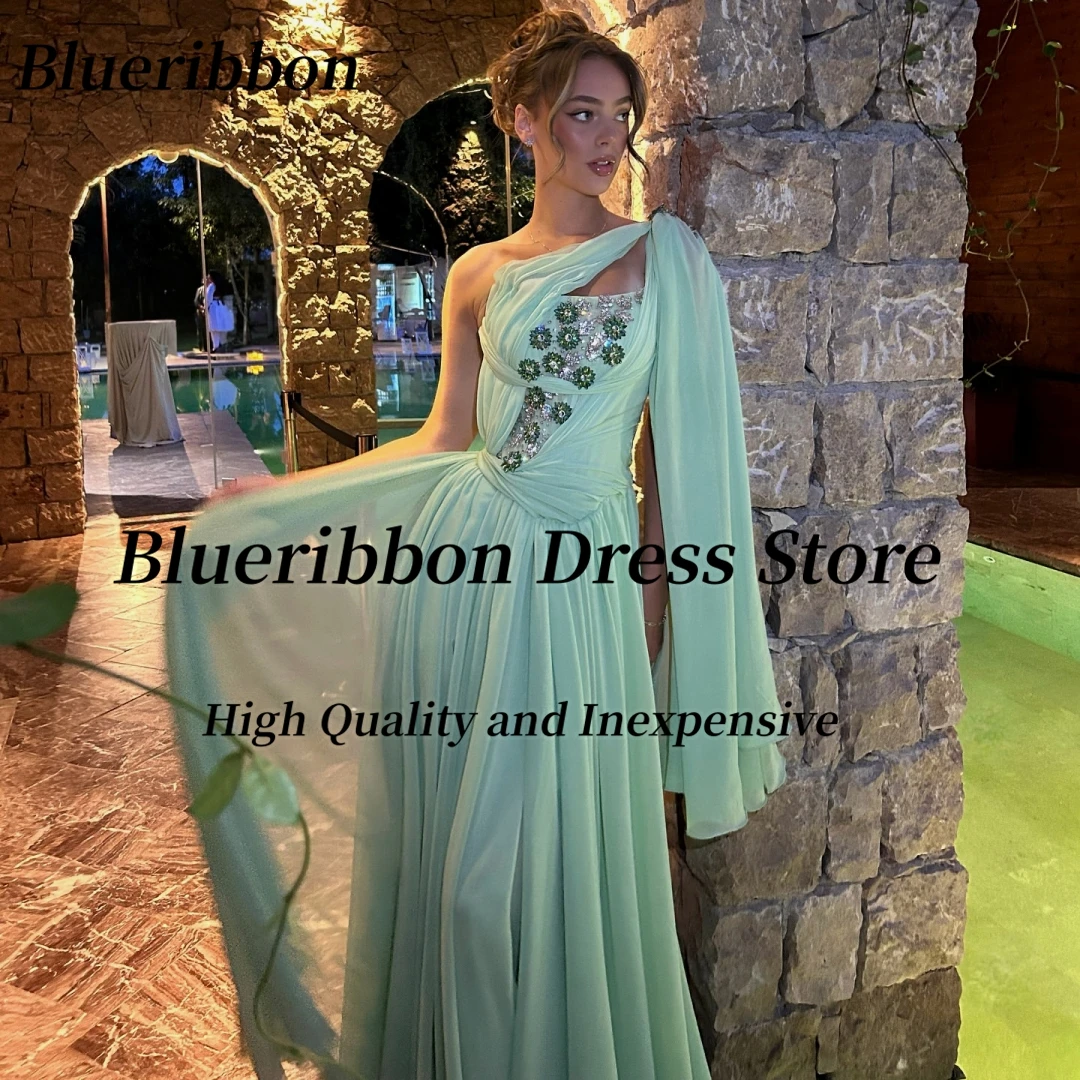 Blueribbon Keyhole één schouder galajurken op maat gemaakte kralen Robe Des Soiree lange ruches chiffon verjaardagsfeestje avondjurk