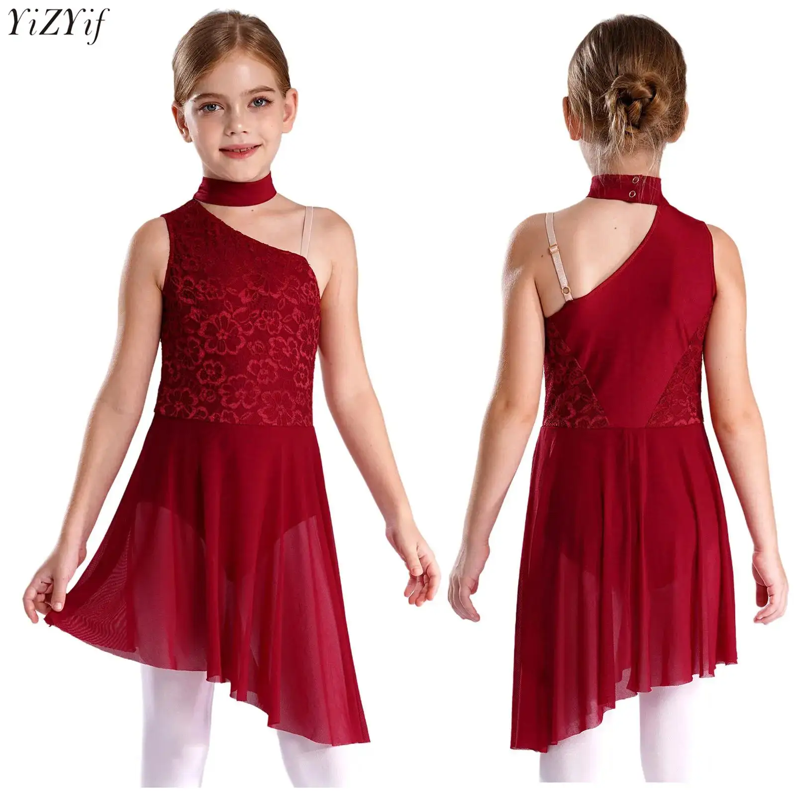 

Kids Girls Lace Patchwork Lyrical Dance Dress Sleeveless One Shoulder Mesh Asymmetrical Hem Dress Stage Performance Dancewear
