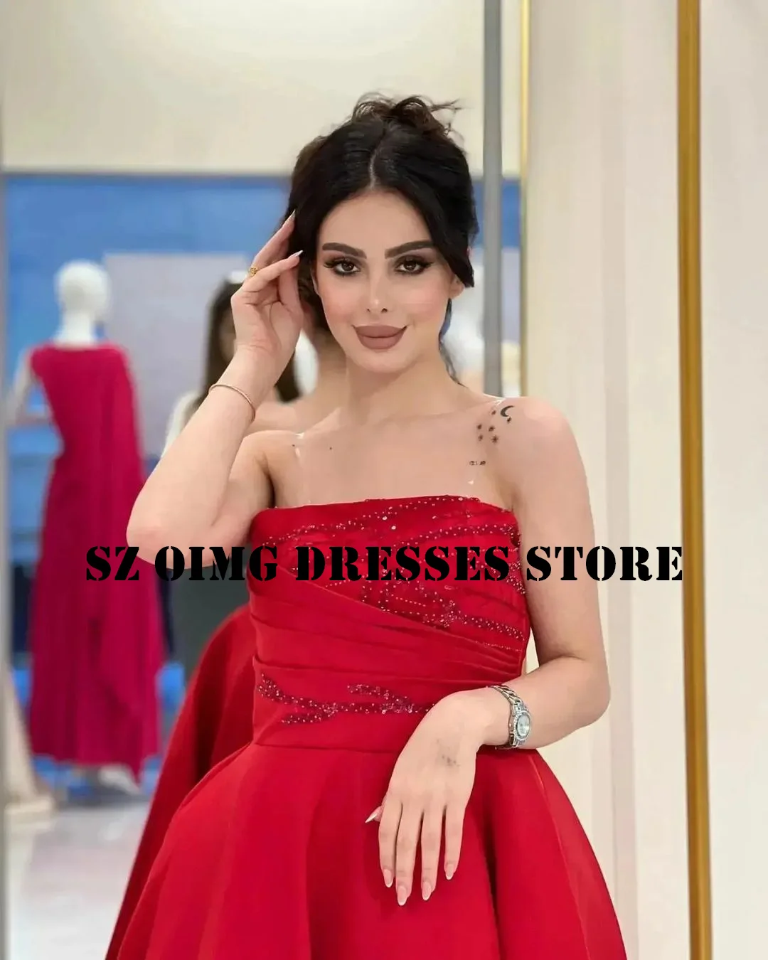 OIMG New Design Red Prom Dresses Arabic Ruched Women Sleeveless A-Line Satin Simple Beading Evening Gowns Formal Party Dress