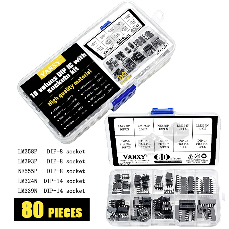 10 values kit DIP-8 DIP-14 LM358P LM393P NE555P LM324N LM339N with Socket sockets LM358 LM393 NE555 LM324 LM339