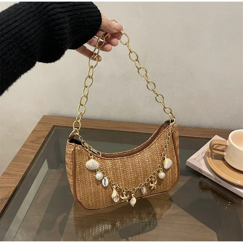 

Exquisite Woven Shoulder Bag,сумка женская летняя Stylish Versatile Beach Vacation Dumpling Shoulder Bag,Shell Pearl Chain Decor
