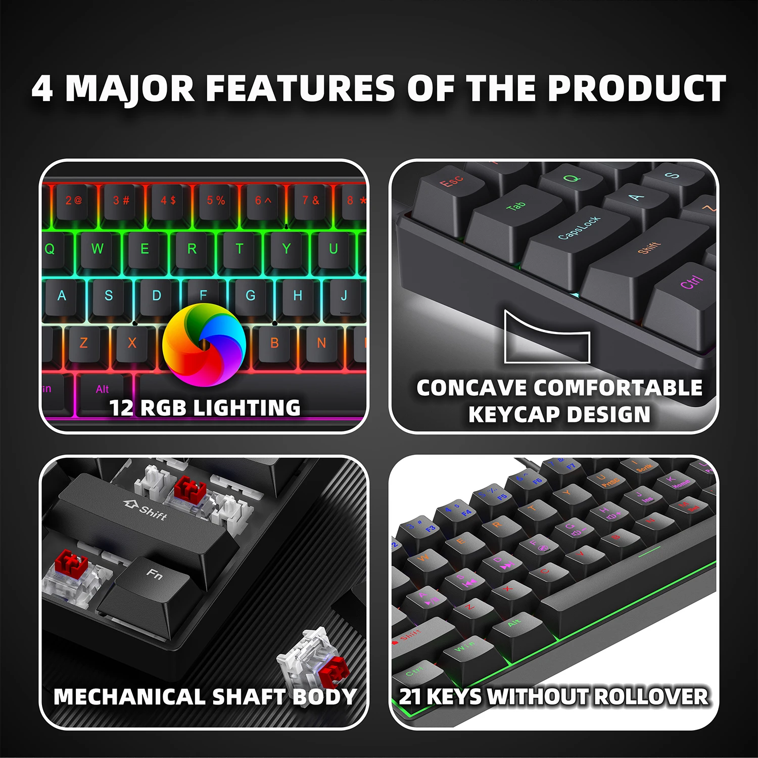 ZSUS Z61-B USB Gaming Mechanical Mini Keyboard Red Switch RGB Backlit 61 Keys Wired Feel for Game/Office