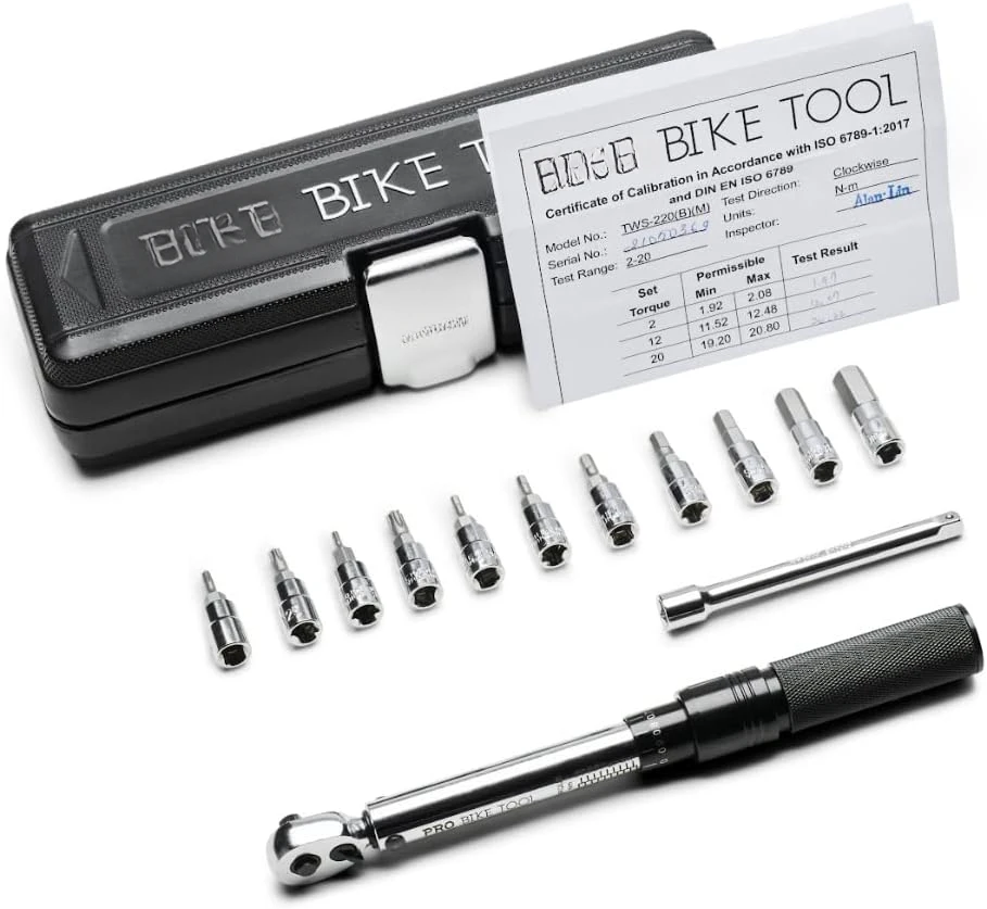 

TOOL 1/4 Inch Drive Click Bicycle Torque Wrench Set – 2 to 20 Nm – Maintenance Kit for Bikes - Includes Allen and Torx Screws