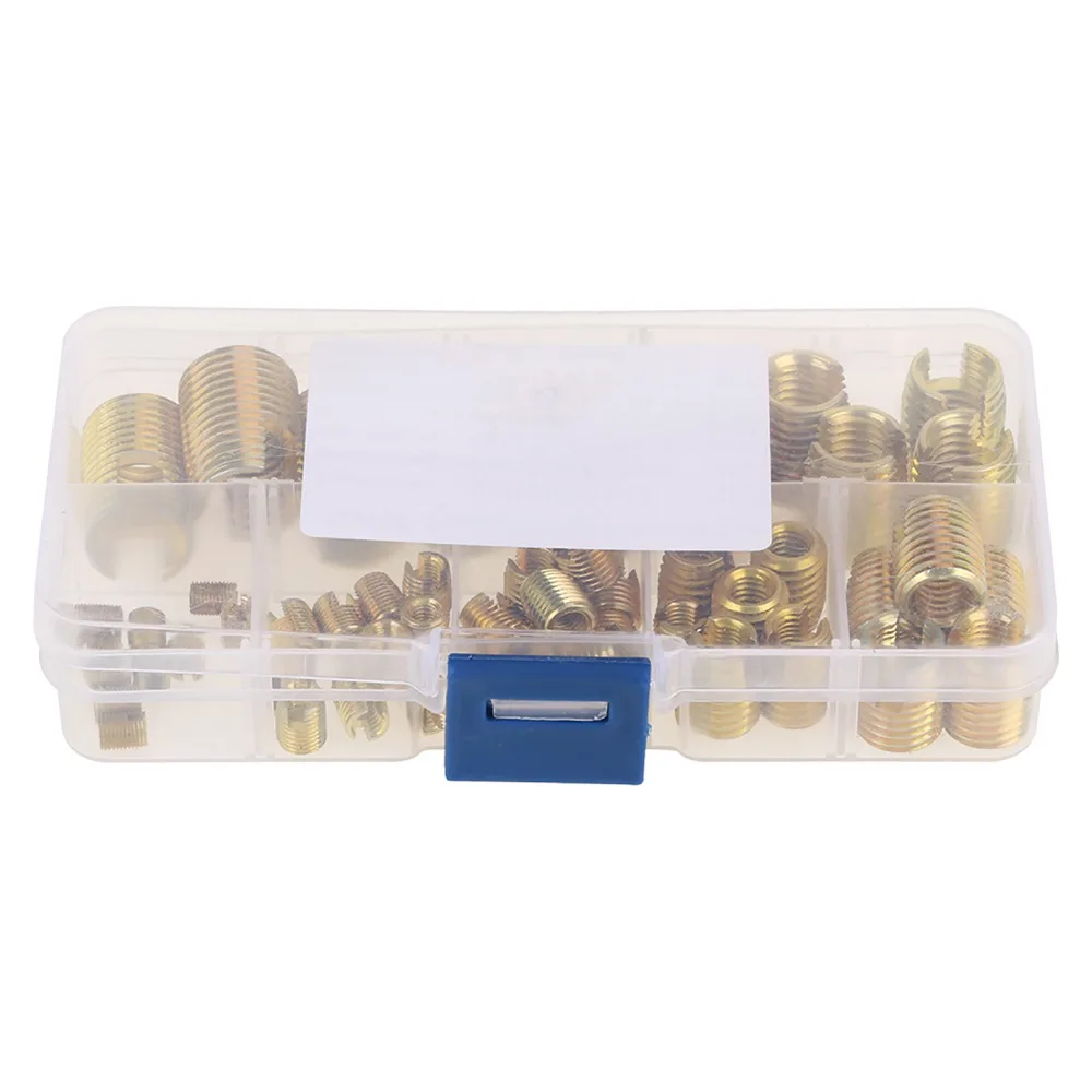 50pcs Brass Self Tapping Inserts M3-M12 Gold Threaded Inserts Kit Storage Case Carbon Steel Brass Slotted Thread Inserts