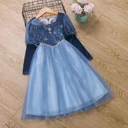Fall Cute Printed Gauze Patchwork Princess Dress Winter Plus Velvet Christmas Party Dress Girls Halloween Role Play Costume 3-8T