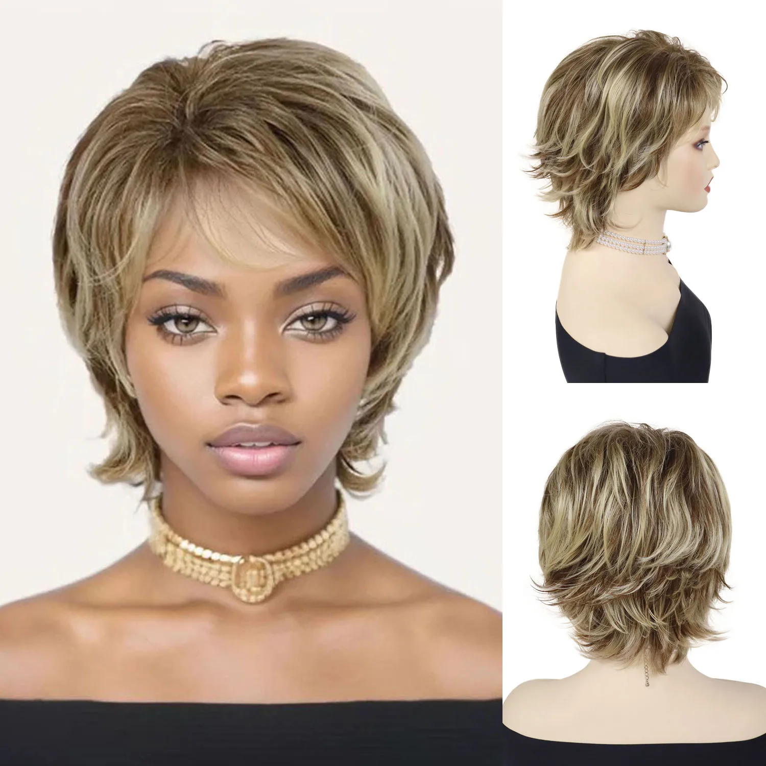 

Синтетический короткий вьющийся парик с челкой, многослойные коричневые смешанные светлые парики для женщин, естественный вид, повседневный костюм