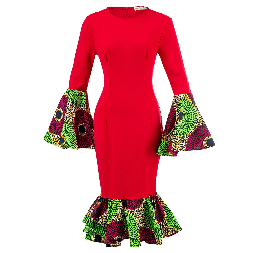 African Dresses For Women Ankara Africa Print Lotus Leaf Trumpet Sleeve Red Sexy Slim Dress Sexy Women's Clothing