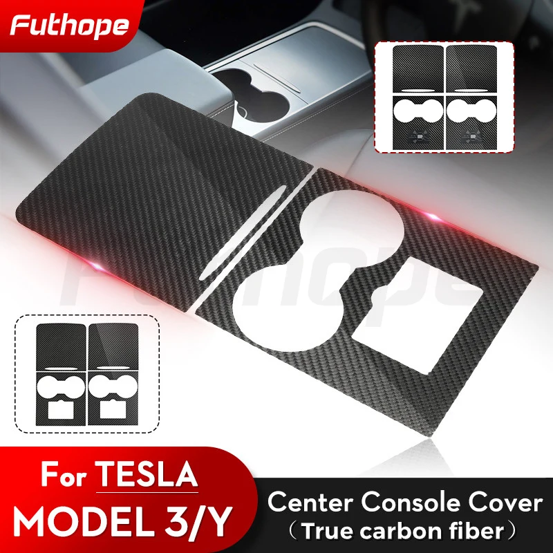 Futhope Real Carbon Fiber ultra thin center console cover For Tesla Model 3 Y 2021-23 not affect Central Control push-pull use