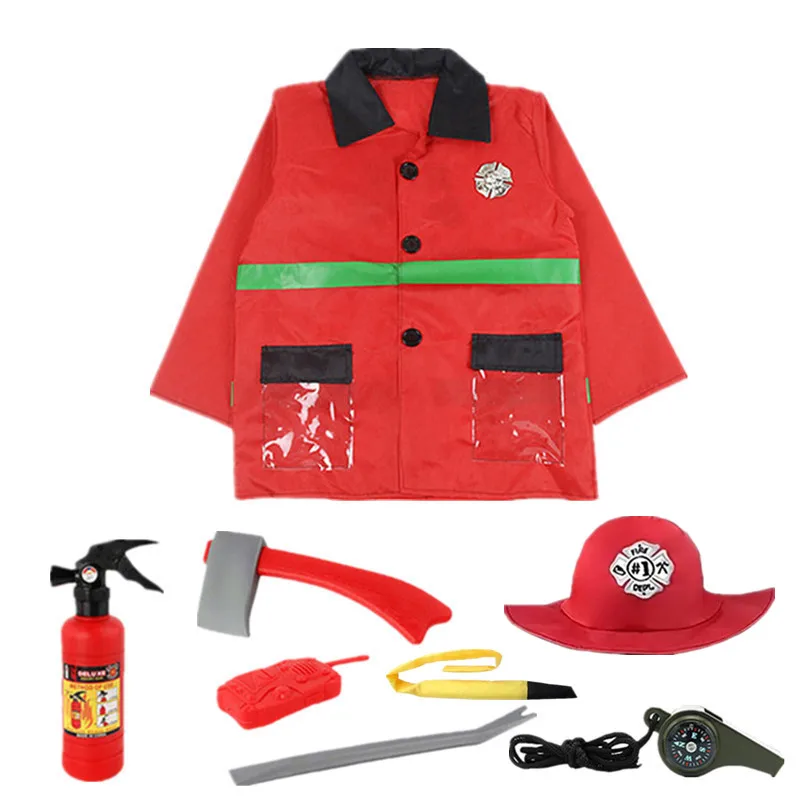 Kids Firefighter Costume Toddler Fireman Dress Up Halloween Cosplay Career Suit with Hose and Whistle Party Birthday Gift