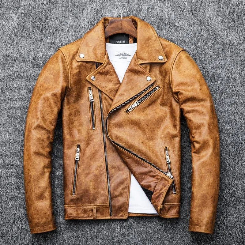 

New leather men's motorcycle with a lapel and yellow featuring oil wax top layer cowhide