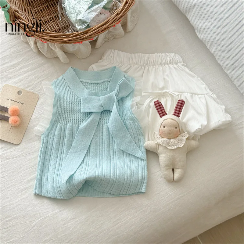 

Girls Summer Outfit New Stylish Children's Bowknot Knitted Vest Top and Flower Bud Skirt Two-Piece Set Trendy