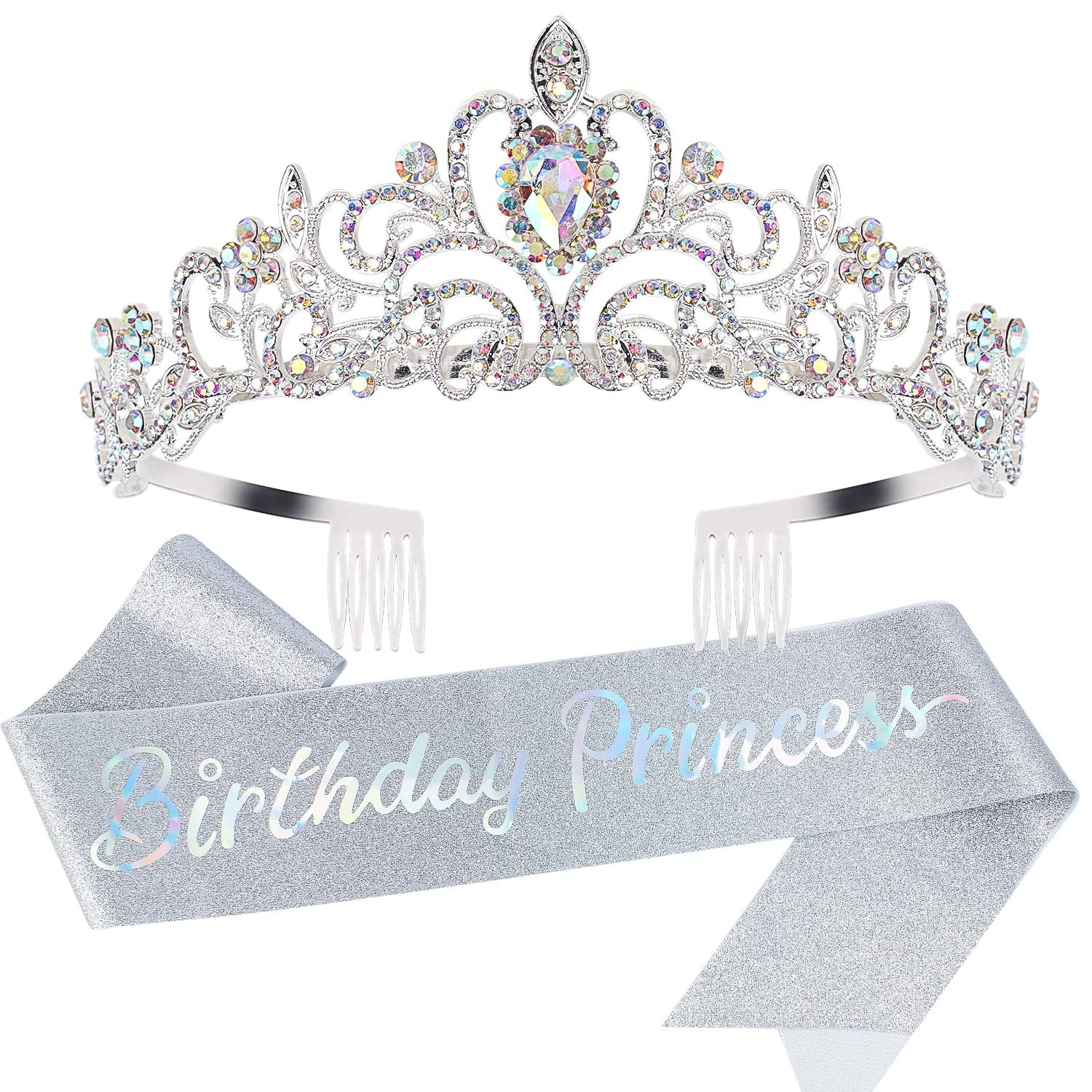 Bling Rhinestone Crystal Crown Tiara Birthday Princess Sash and Crown for Women Birthday Princess Party Decorations