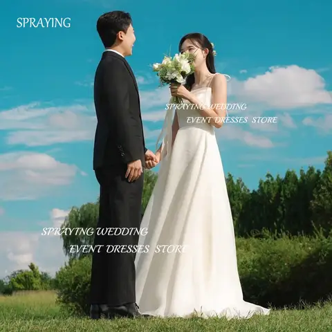 SPRAYING Simple Organza A 라인 웨딩 드레스 한국 사진 촬영 스파게티 스트랩 코르셋 신부 가운 바닥 길이 웨딩 드레스 맞춤형