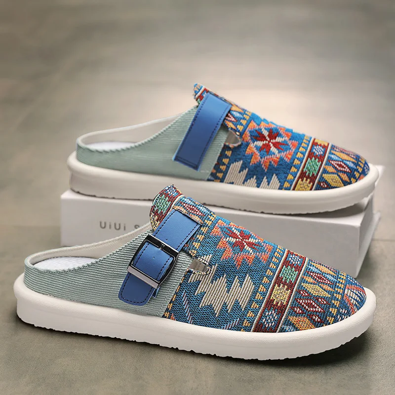 Sommer-Leinenschuhe für Herren, Halbschuhe, bequeme, atmungsaktive Slip-On-Freizeitschuhe für Herren, Designer-Hausschuhe mit Schnalle, große Größe 47
