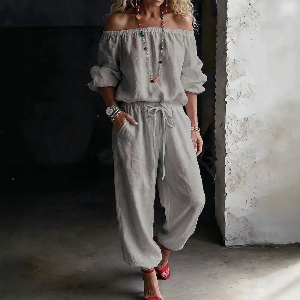 Casual Solid Lace-Up Waist Women's Two Piece Sets Autumn Off Shoulder Drawstring Loose Outfit Set New Fashion Long Sleeve 2026 image 5