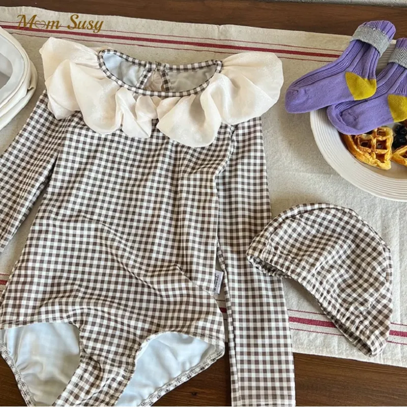 

Fashion Baby Girl Swim Suit With Cap Plaid Child Ruffle Collar Swimwear Bathing Suit Kid Swimming Clothing Baby Hawaii Suit