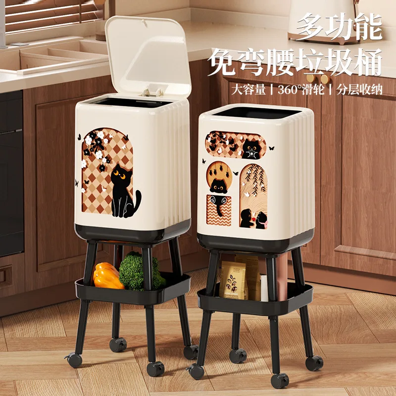 Press Type Trash Can No Bending High Foot Kitchen Large Capacity Movable Waste Bin with Lid