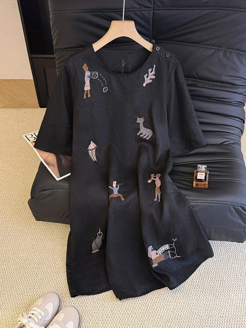 Vestido retrô de linho bordado com manga de cinco quartos estilo chinês solto simples gola redonda pulôver vestidos de camiseta