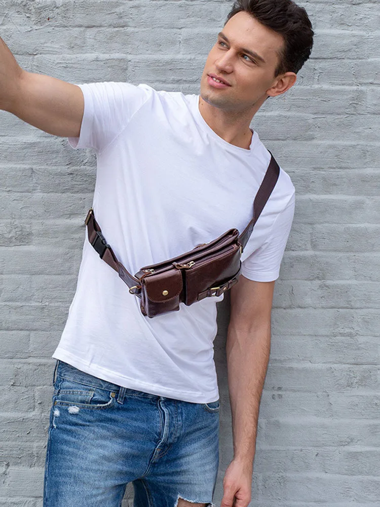 Men Casual Small Flap Cowhide Genuine Leather Chest Bag Mobile Phone Waist Bags Vintage Mini Pouch Strap Shoulder Crossbody Bag