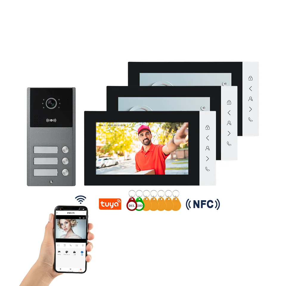 7inch WIFI Video Intercom For 3 Units Apartment Smart Tuya AHD 1080P Video Doorbell Door Phone 3 Buttons Metal Camera Kits