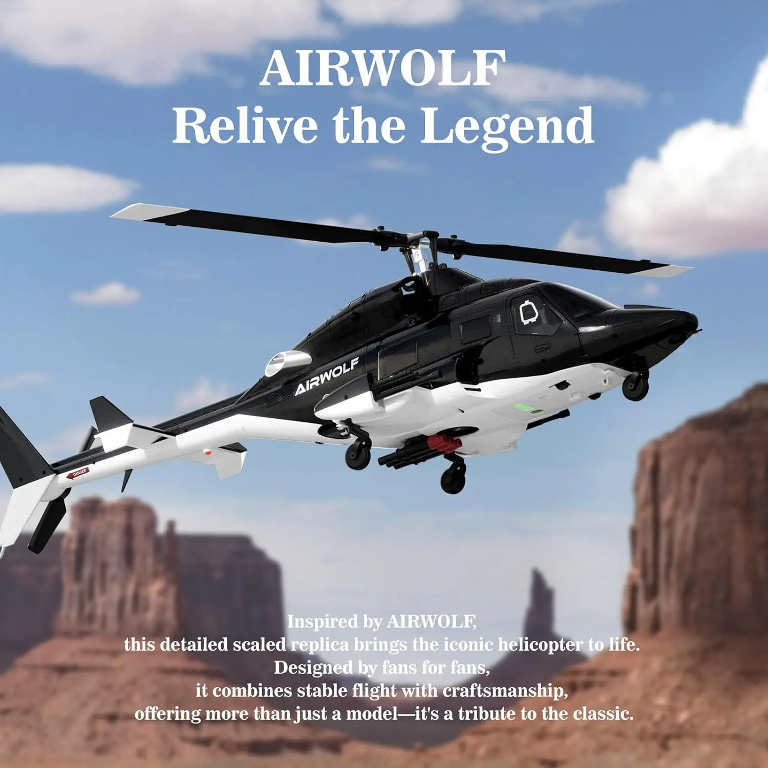 Airwolf RTF RC Helicopter Remote Control 27:1 Scale Auto-Hover 6CH Dual Battery for Adults
