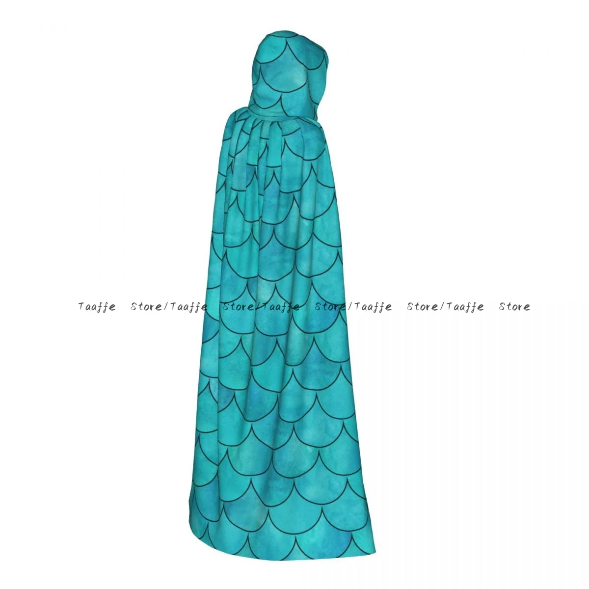 Unisex Halloween Cloak Bright Teal Color Mermaid Fish Scale Wave Cape Hooded Medieval Costume Witch Wicca Vampire