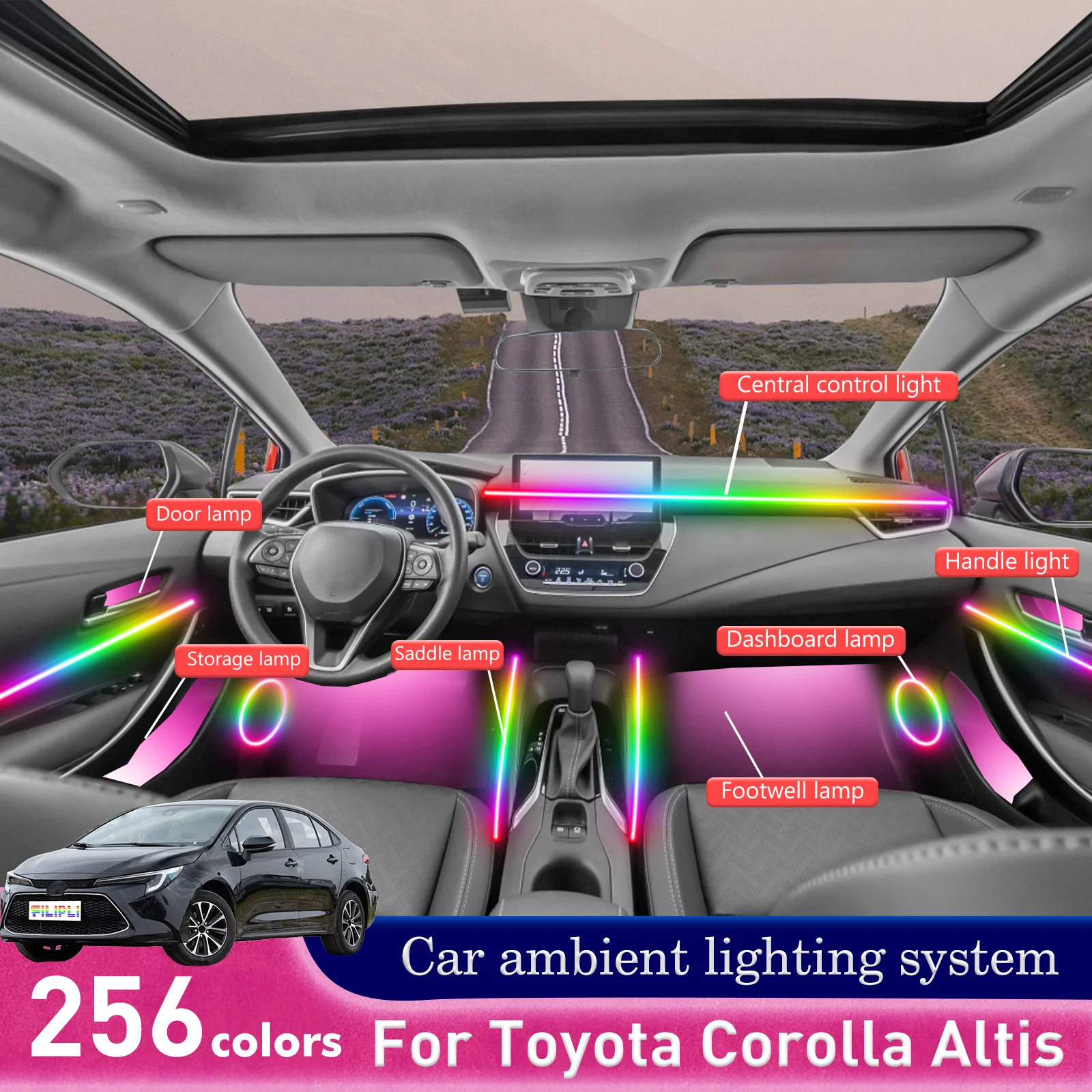 

For Toyota Corolla Altis RGB 64 Colors LED Car Interior Ambient Light Smart Remote Control Rainbow Acrylic Strip Kit