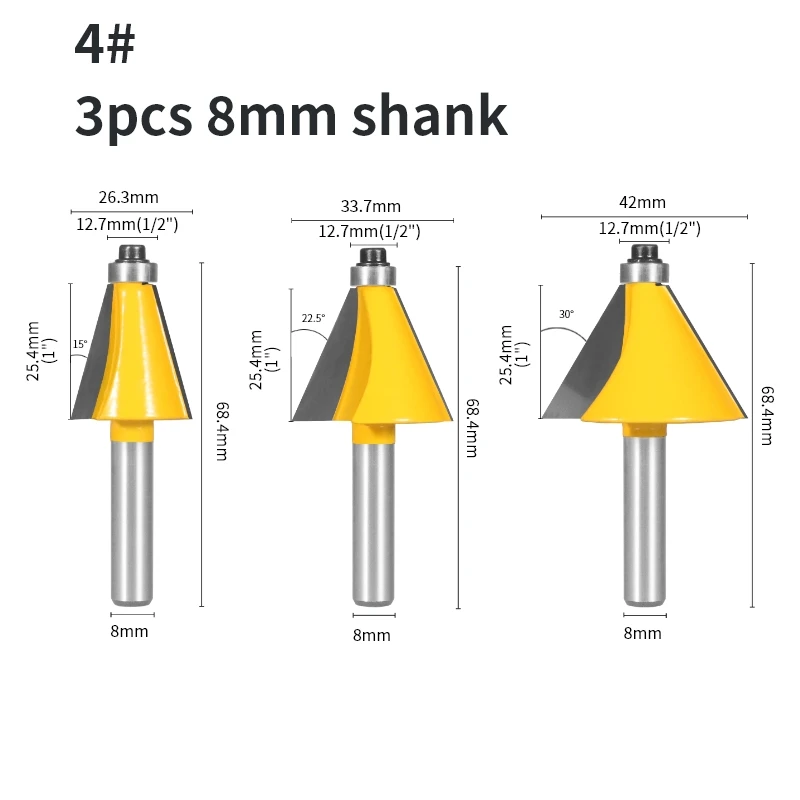 

For Wood Face Mill 8MM 15/22.5/30 Degree Chamfer Bevel Edging Router Bit Woodworking Milling Cutter