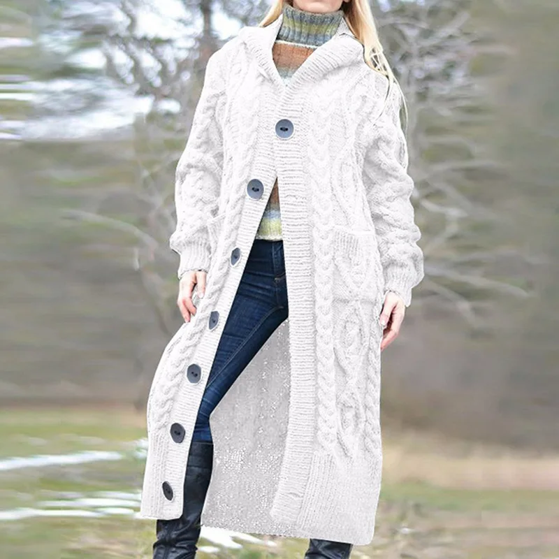 Twist Knot Pocket Loose Button Sweater Cardigan Coats Autumn Winter Female Knitted Trench Hoodie Coats