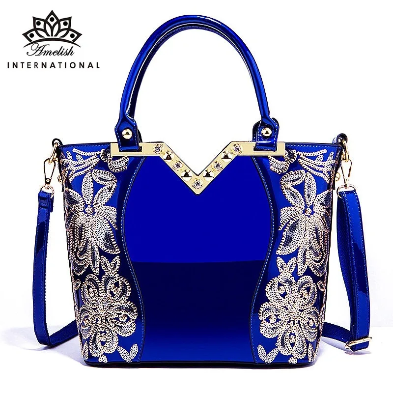 AMELISH Luxury Bag for Women 2024 High Quality Patent Leather Flower Embroidery Diamond Tote Handbag Fashion Female Shoulder Bag