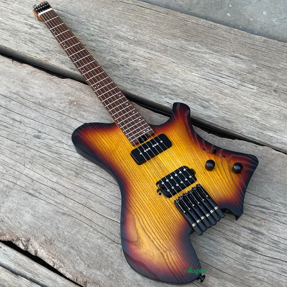 

In Stock Acepro Upgraded Headless Electric Guitar Vintage Sunburst Roasted Ash Body, P90+ Humbucker Pickups, Rosewood Fretboard