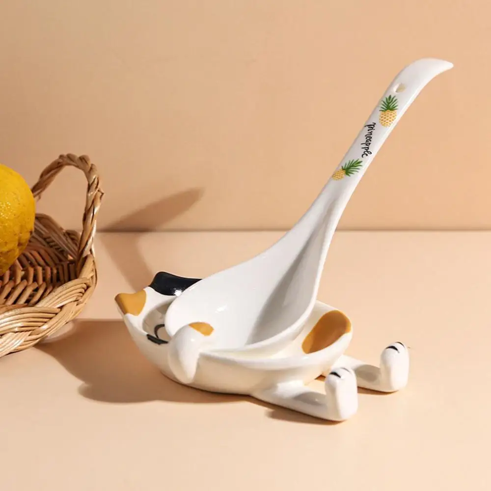 Cooking Storage Organizer Ceramic Cat Design Utensil Rack Pot Lid Stand Stove Holder Spoon Rest
