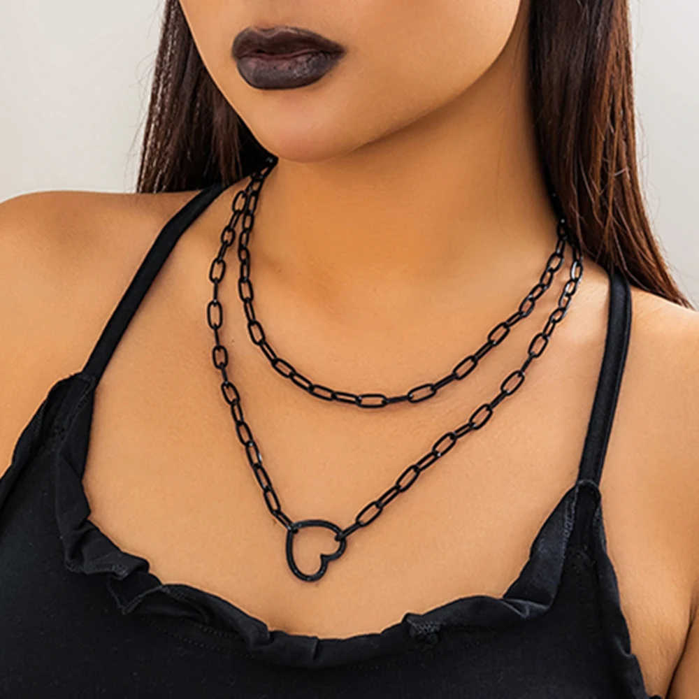 IngeSight.Z Vintage Double Layer Hollow Peach Heart Pendant Necklace Women Gothic Black Cross Chain Choker Necklace Halloween