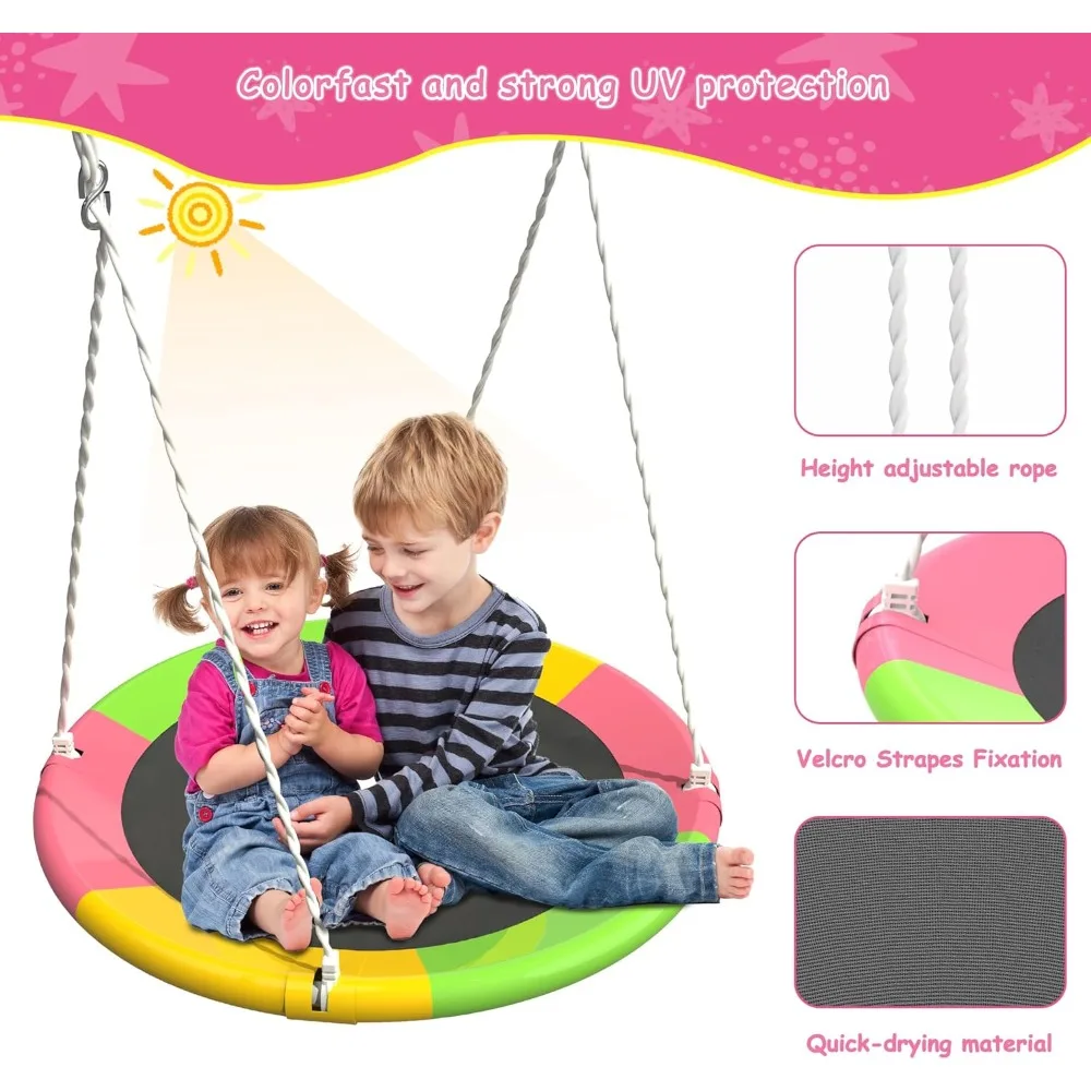 مجموعة أرجوحة للفناء الخلفي مع حامل، حامل أرجوحة معدني خارجي عالي التحمل بوزن 440 رطل، يحتوي على طبق واحد مقاس 32 بوصة و1 مقعد حزام 26.2 بوصة