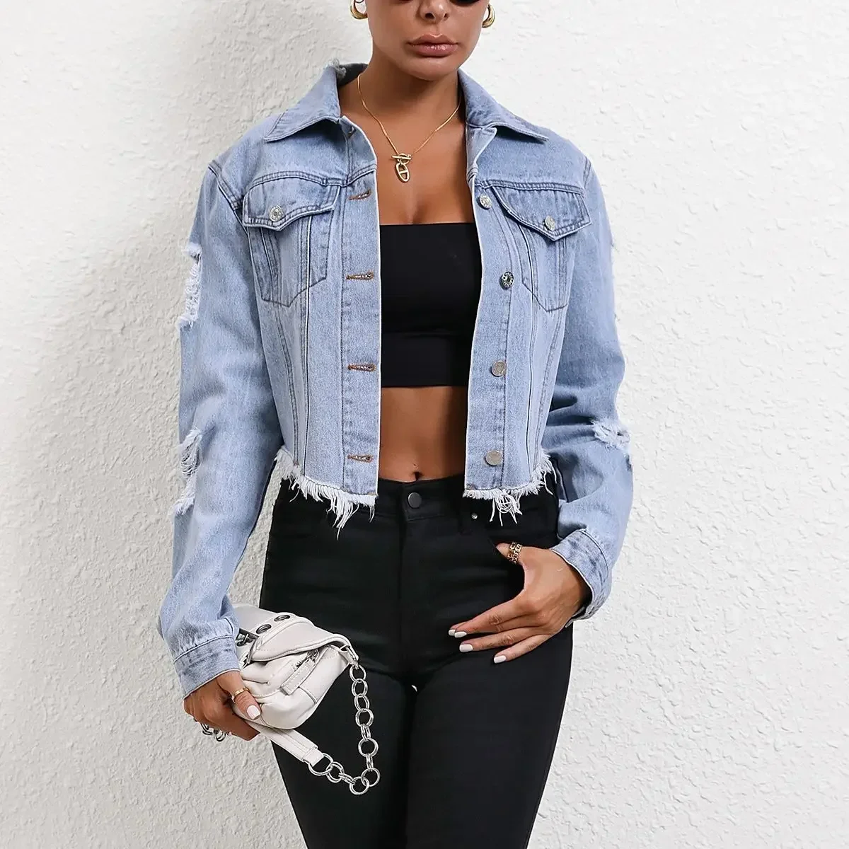 

Ripped Distressed Women Denim Jackets Single Breasted Cardigan Coat Turn Down Collar Solid Streetwear Pockets Washed Button