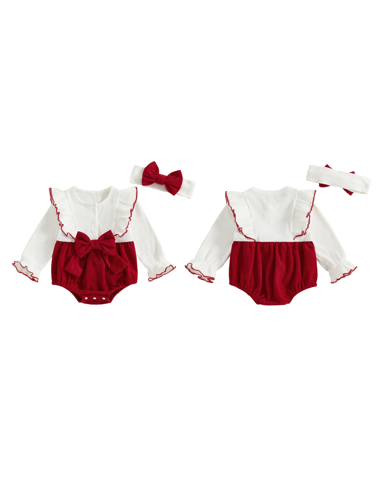 Tenue pour nouveau-né fille, barboteuse à manches longues, col rond, nœud, Patchwork, avec bandeau, vêtements d'automne