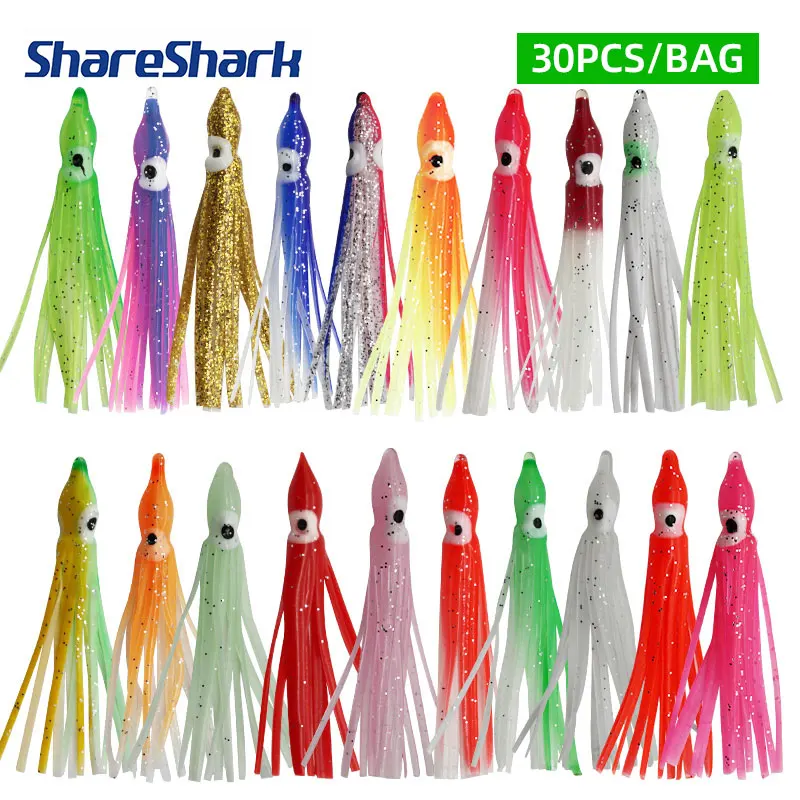 ShareShark 30 Stück/Beutel 20 Gemischte Farben Leuchtende Tintenfisch-Angelköder Weicher Gummi-Oktopus-Rockköder für Seebarsch Thunfisch Karpfen