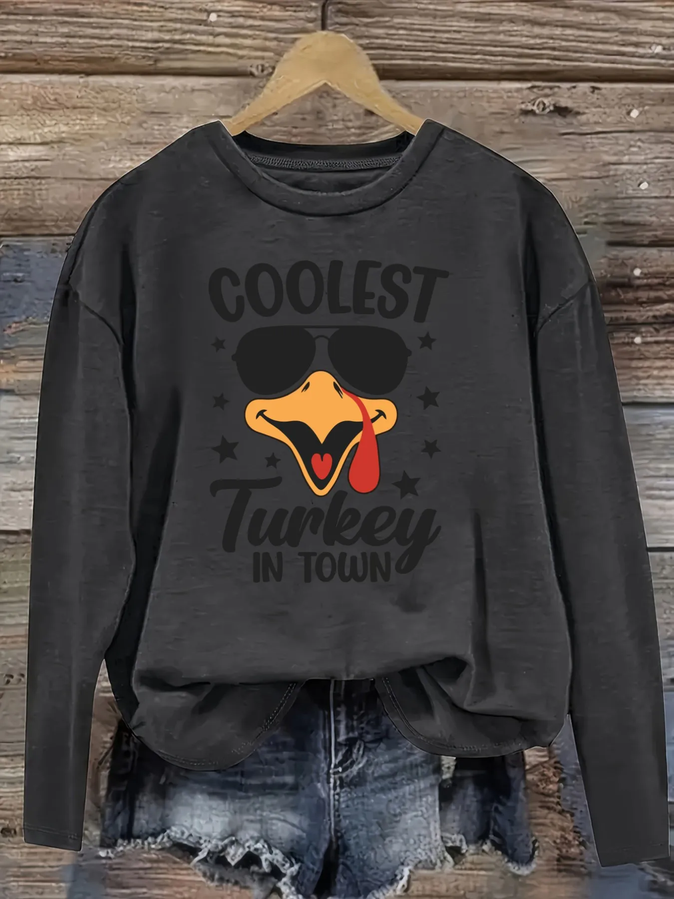 Women's Casual Long Sleeve Crew Neck T-Shirt Coolest Turkey In Town Print Design, Round Neck Women's Clothing, Machine Washable, Slightly Elastic, Loose Fit, Spring Autumn Winter Women's T-Shirt, Halloween Costume Outfit